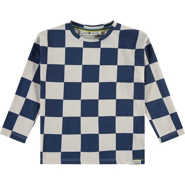 Checkered Crew Neck Long Sleeve Pullover T-Shirt, Navy