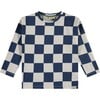 Checkered Crew Neck Long Sleeve Pullover T-Shirt, Navy - T-Shirts - 1 - thumbnail