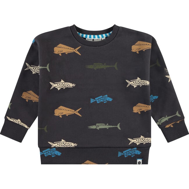 All Over Fish Print Pullover Sweatshirt, Charcoal Green