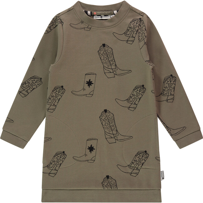 All Over Cowgirl Boots Printed Long Sleeve Pull-Over Sweater Dress, Green