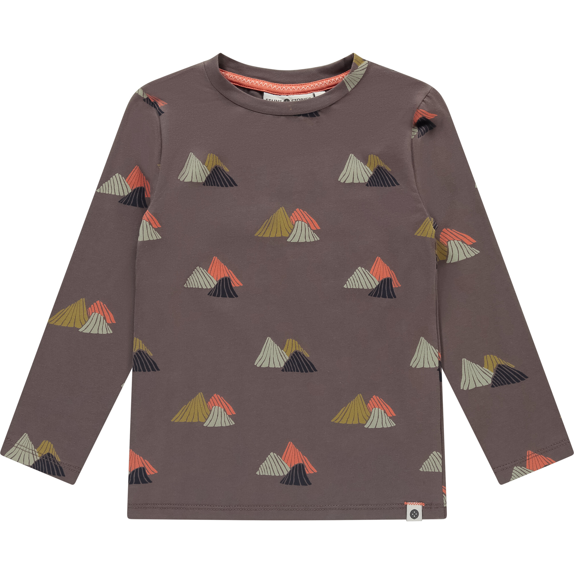 Abtract Mountain Print Long Sleeve T-Shirt, Mocha - T-Shirts - 1