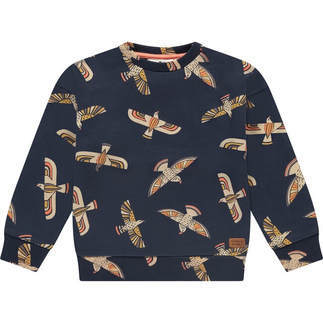 Abtract Birds Crew Neck Pullover Sweatshirt, Navy & Multicolors