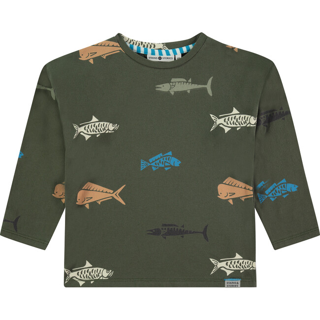 All Over Fish Print Long Sleeve T-Shirt, Dark Green