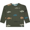 All Over Fish Print Long Sleeve T-Shirt, Dark Green - T-Shirts - 1 - thumbnail