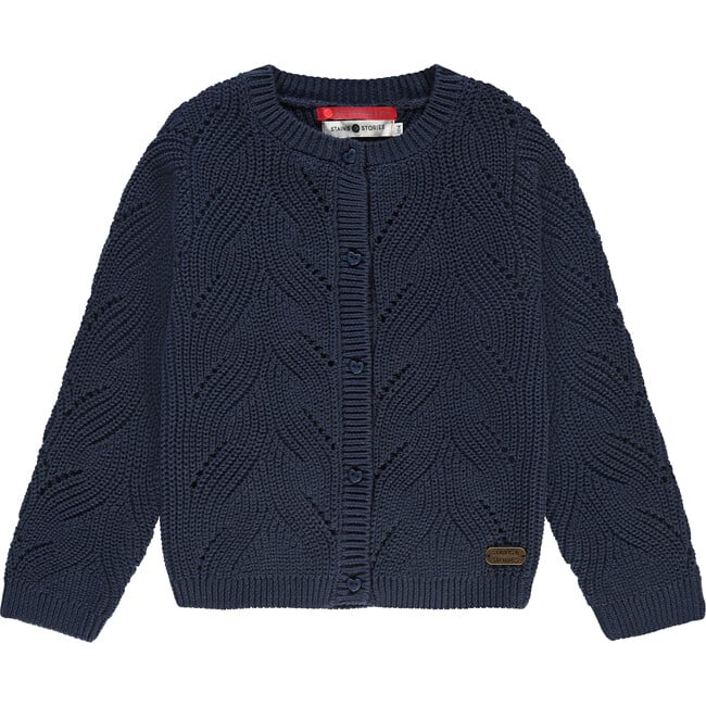 Abstract Knit Crew Neck Cardigan, Navy