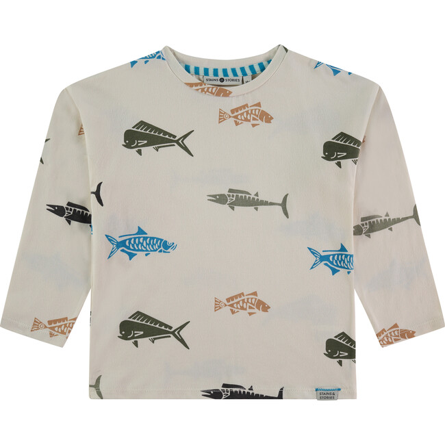 All Over Fish Print Long Sleeve T-Shirt, Cream