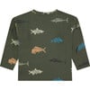 All Over Fish Print Long Sleeve T-Shirt, Dark Green - T-Shirts - 2