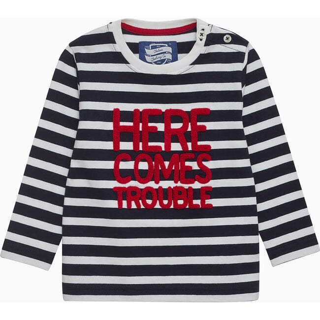 Little Here Comes Trouble T-Shirt, Navy Stripe