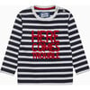 Little Here Comes Trouble T-Shirt, Navy Stripe - Shirts - 1 - thumbnail