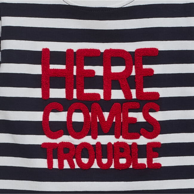 Little Here Comes Trouble T-Shirt, Navy Stripe - Shirts - 3