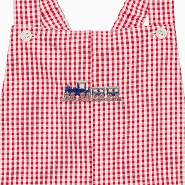 Little Alexander Train Bib Shorts, Red Gingham - Rompers - 3