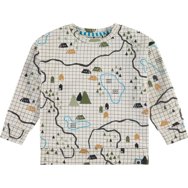 Campsite Map Print Crew Neck Pullover Sweatshirt, White