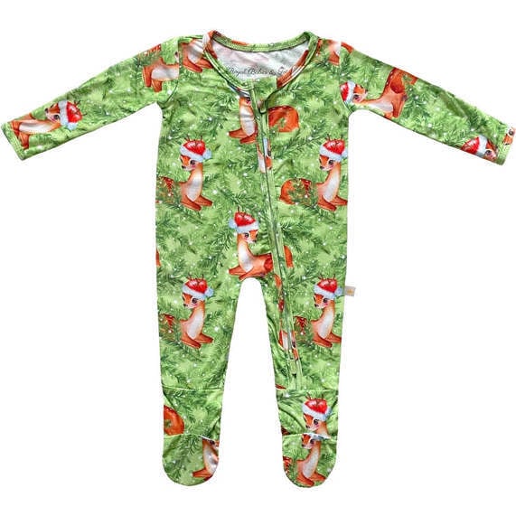 Snow Fir Tree Christmas Holiday Fawn Reindeer Long Sleeve Zip Footie, Green