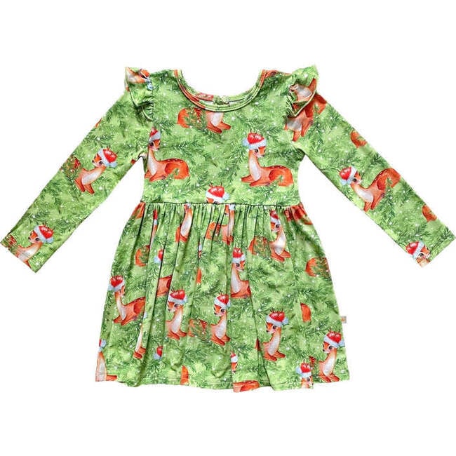 Snow Fir Tree Christmas Holiday Fawn Reindeer Long Sleeve Ruffled Girls Dress, Green