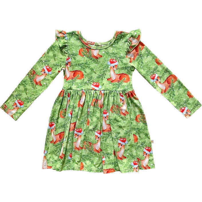 Snow Fir Tree Christmas Holiday Fawn Reindeer Long Sleeve Ruffled Girls Dress, Green - Dresses - 1