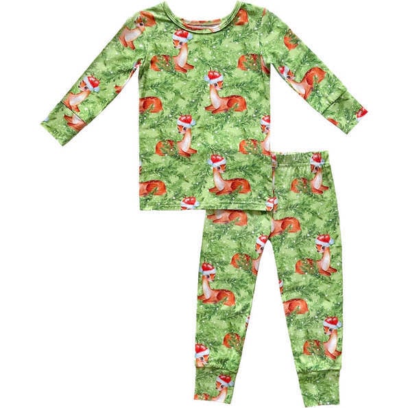 Snow Fir Tree Christmas Holiday Fawn Reindeer Pajama Set, Green