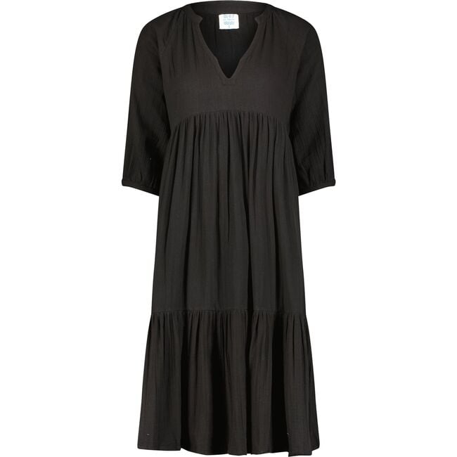 Women's Martine Cotton V-Neck 3-Quarter Sleeve Popover Dress, Black Gauze