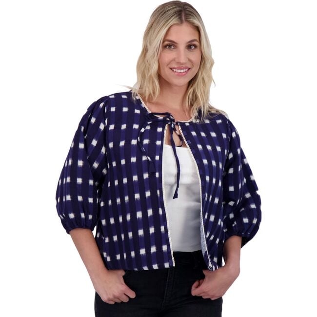 Women's Marisol Boho 3-Quarter Sleeve Crop Jacket, Midnight Navy Ikat - Jackets - 2