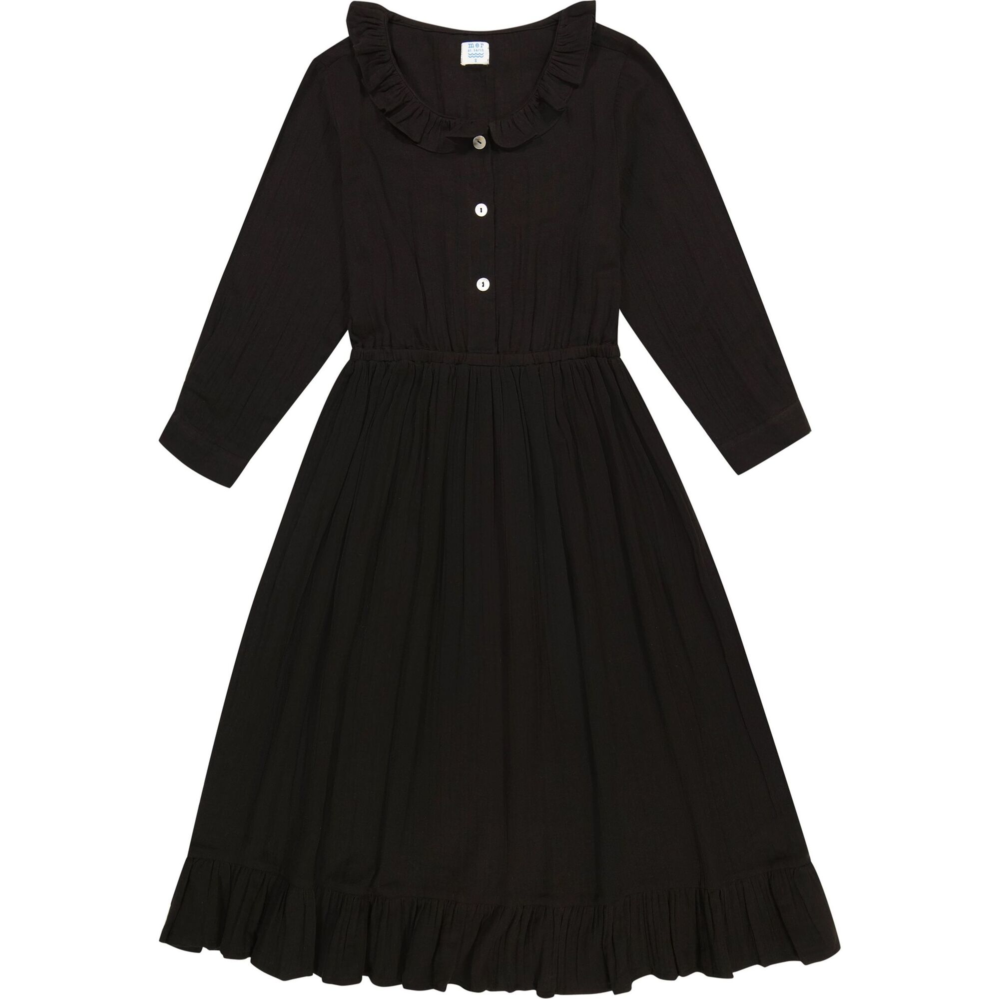 Women's Brigitte Cotton Ruffle Neck High Waist Shirt Dress, Black Gauze - Dresses - 1