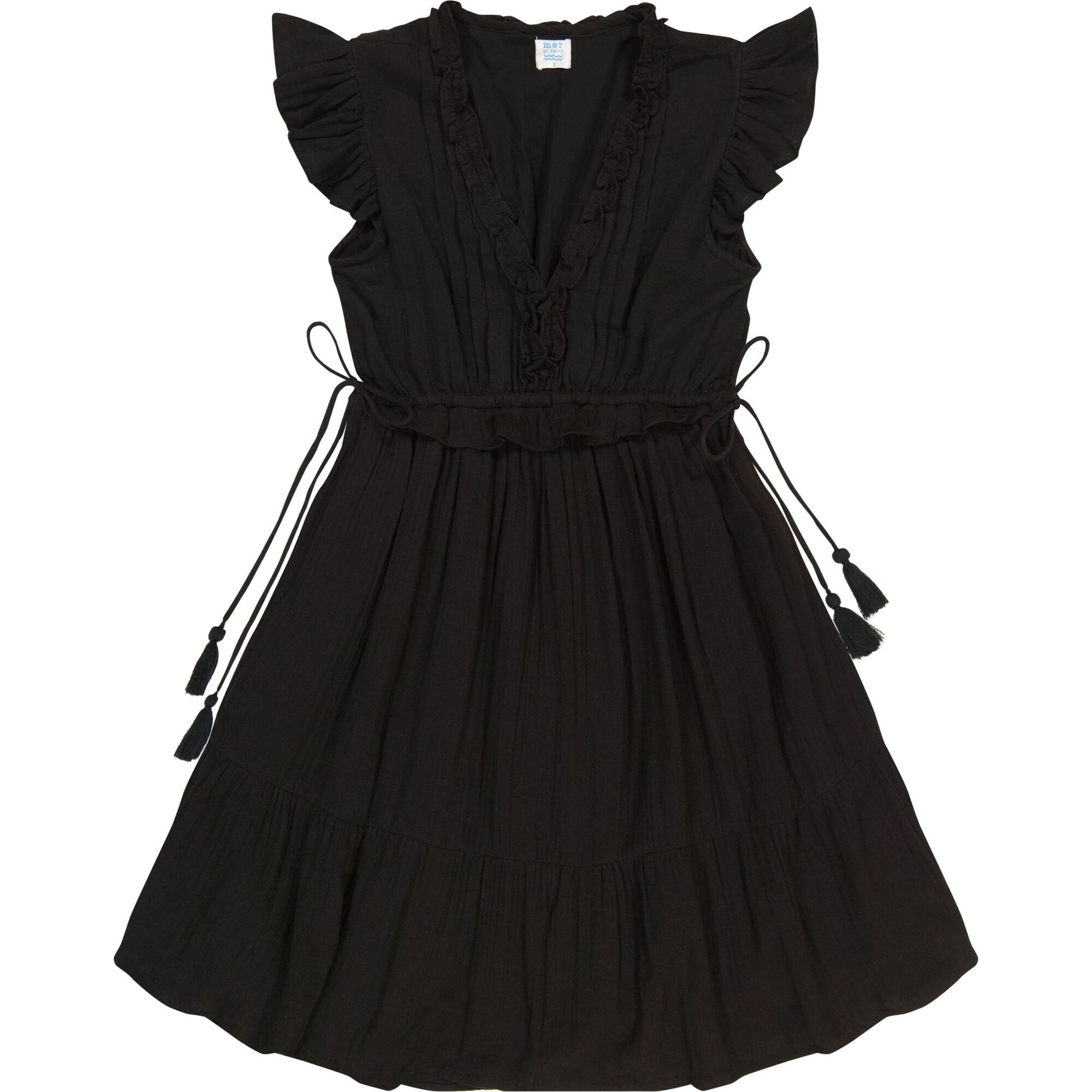 Women's Coralie Cotton Mini V-Neck Ruffle Sleeve Dress, Black Gauze - Dresses - 1