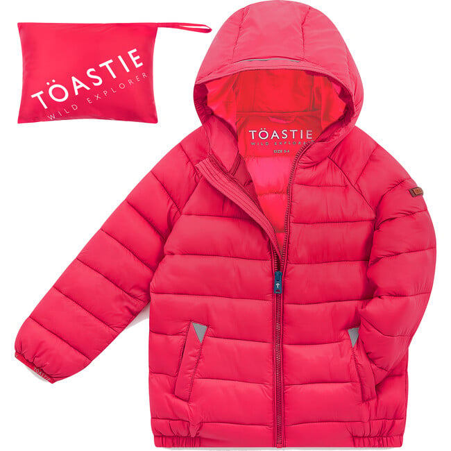 Pack-A-Way Mountain Zipper Hooded Puffer Jacket, Raspberry