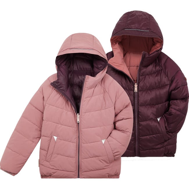 Eco Reversible Padded Snug Hooded Puffer Jacket, Damask Pink & Black Cherry