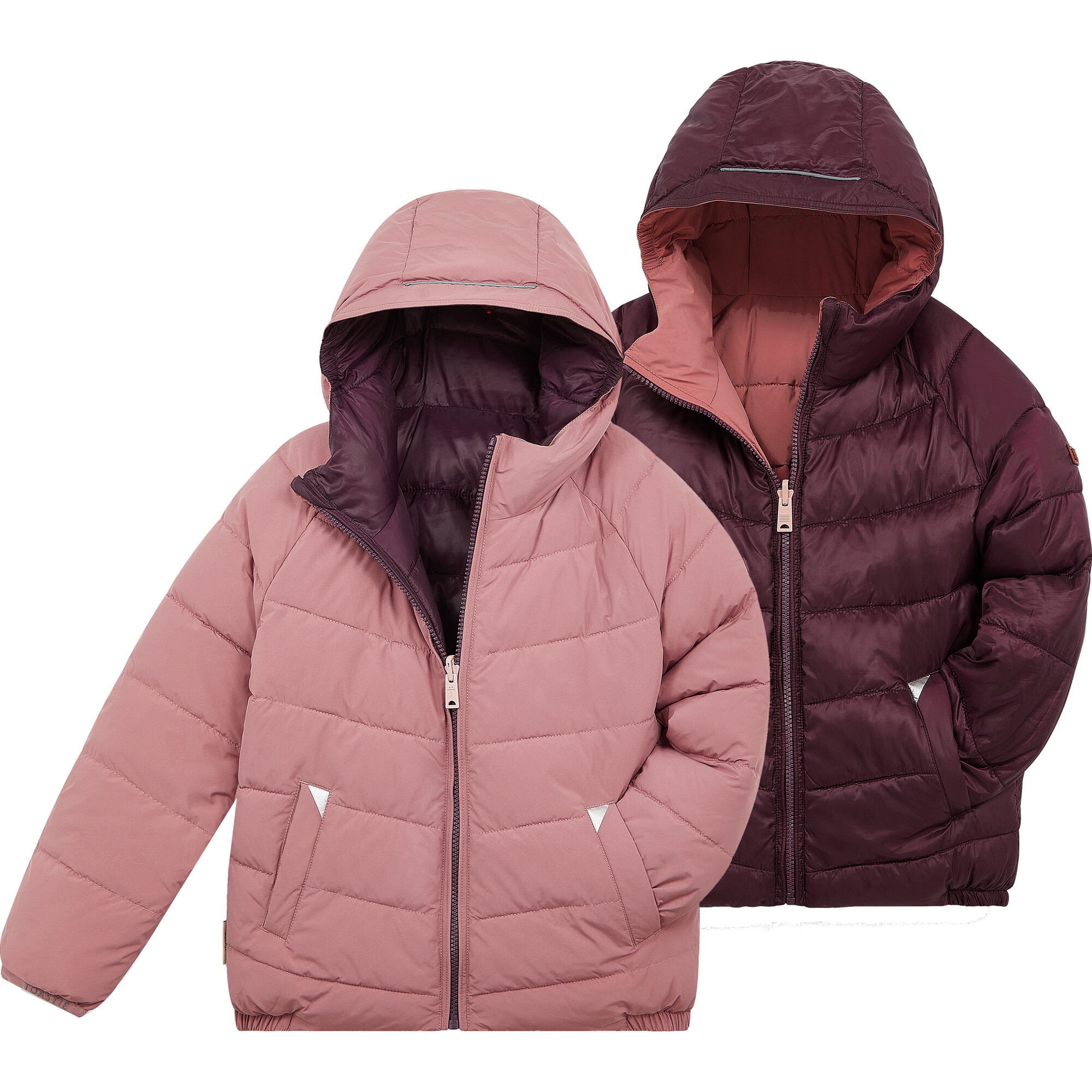 Eco Reversible Padded Snug Hooded Puffer Jacket, Damask Pink & Black Cherry - Jackets - 1
