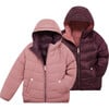 Eco Reversible Padded Snug Hooded Puffer Jacket, Damask Pink & Black Cherry - Jackets - 1 - thumbnail