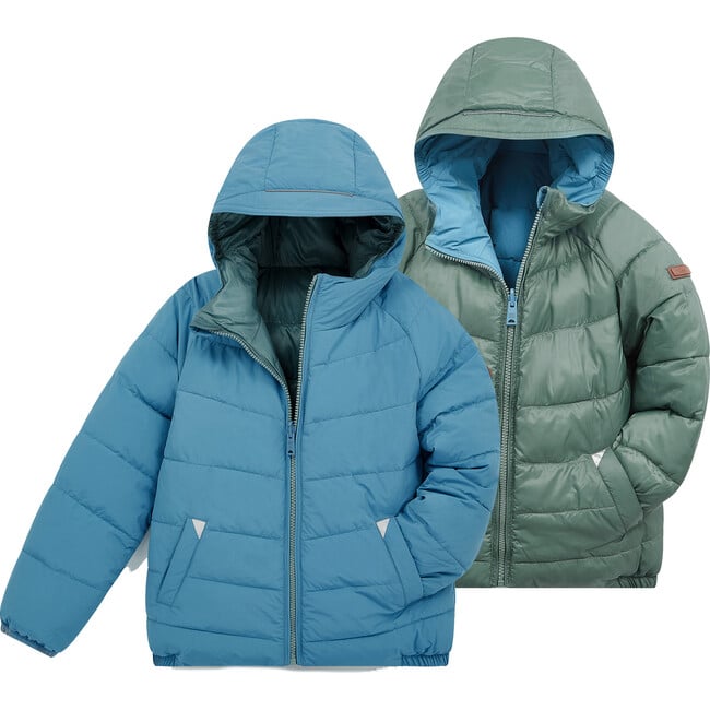 Eco Reversible Padded Snug Hooded Puffer Jacket, Cloud Blue & Fern