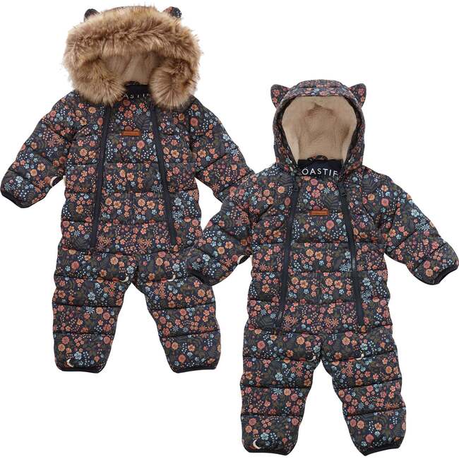 Cloud Eco-Down Fill Fur Trim Quilted Hooded Pramsuit, Floral Nightscape