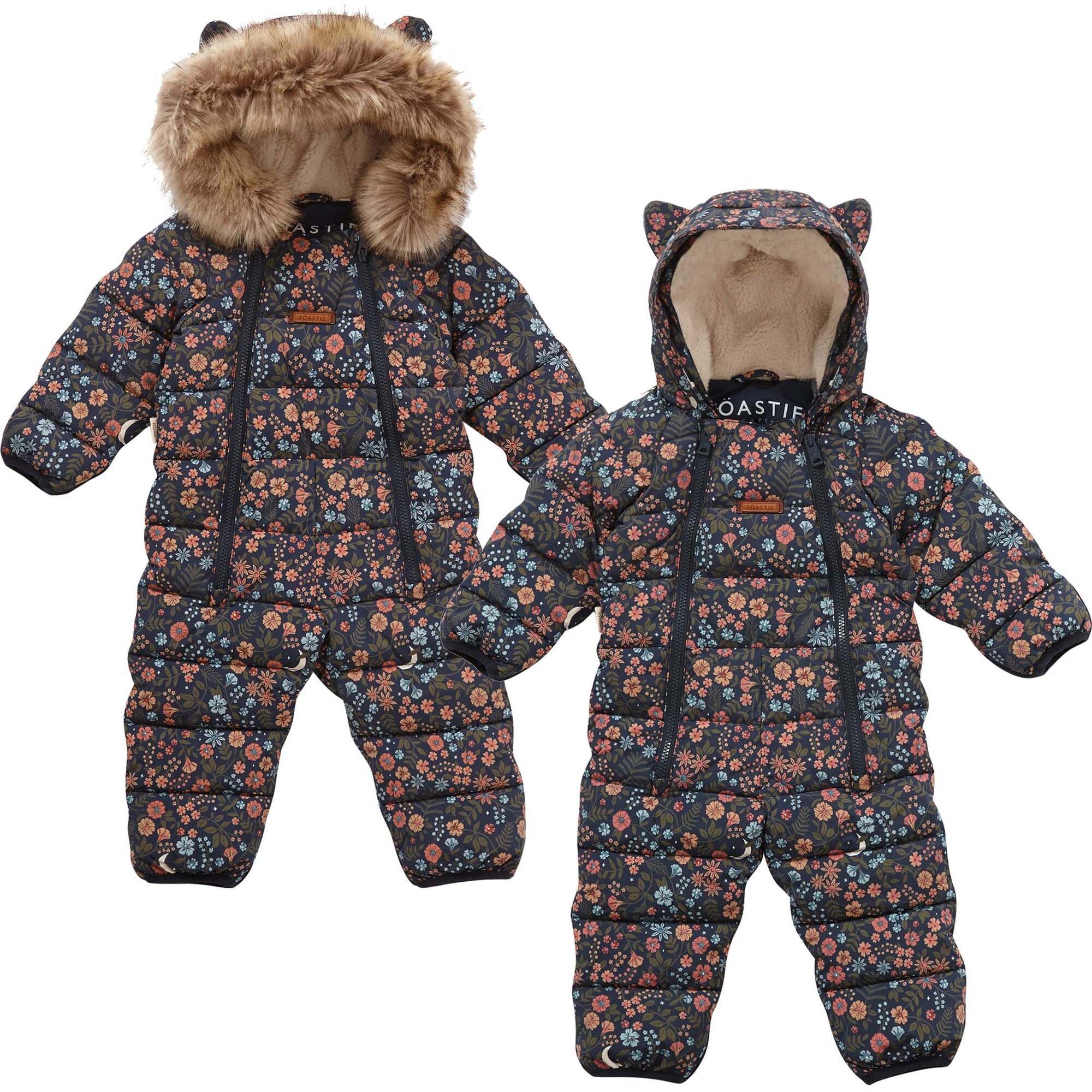 Cloud Eco-Down Fill Fur Trim Quilted Hooded Pramsuit, Floral Nightscape - Snowsuits - 1