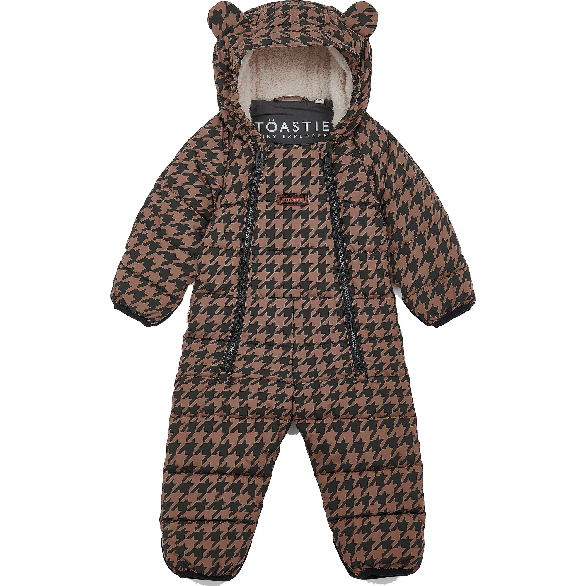 Cloud Eco-Down Fill Quilted Double Zipper Hooded Pramsuit, Toffee Houndstooth - Snowsuits - 1