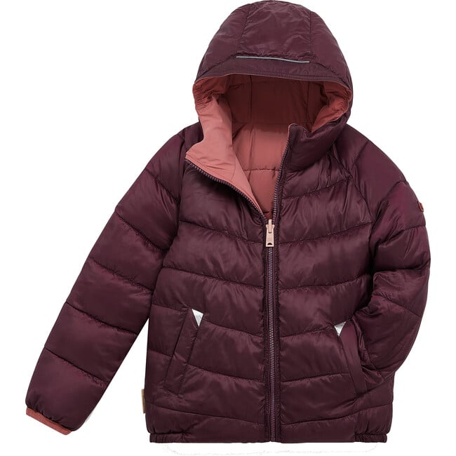 Eco Reversible Padded Snug Hooded Puffer Jacket, Damask Pink & Black Cherry - Jackets - 4