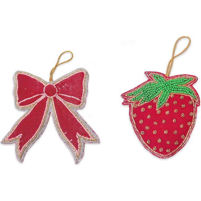 Strawberry And Bow Duo Beaded Ornament, Multicolors