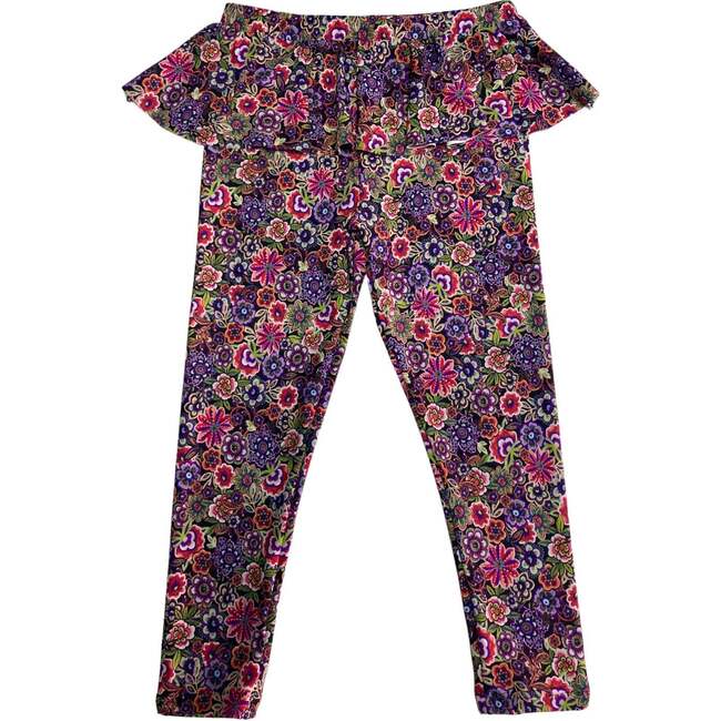 Dark Summer Floral Print Ruffle Waist Relaxed Full-Length Leggings, Multicolors