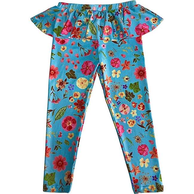 Summer Floral Print Ruffle Waist Relaxed Full-Length Leggings, Blue