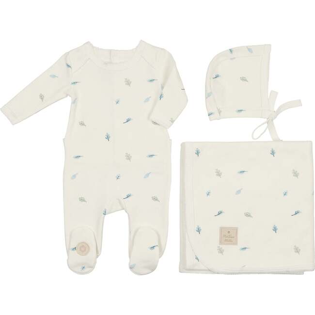 Cascade of Leaves Layette Set Ivory & Blue