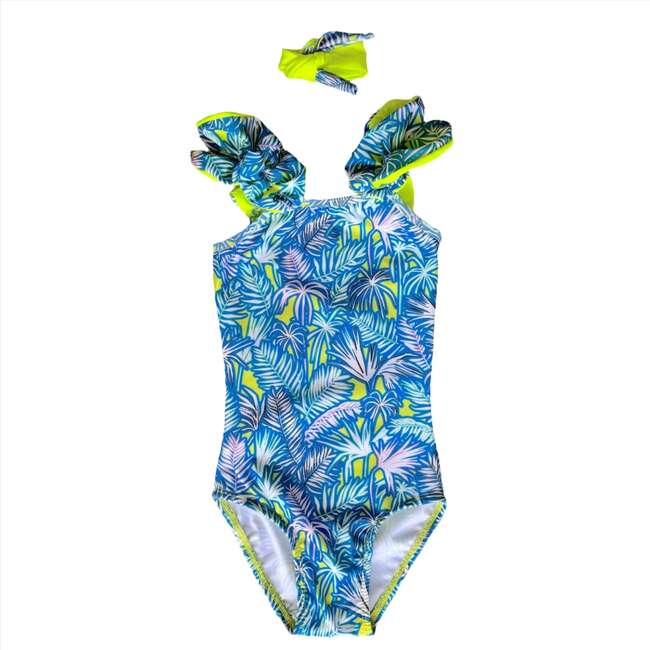 Lexi Palm Neon Print Ruffle Shoulder UPF 50+ One-Piece Swimsuit, Multicolors