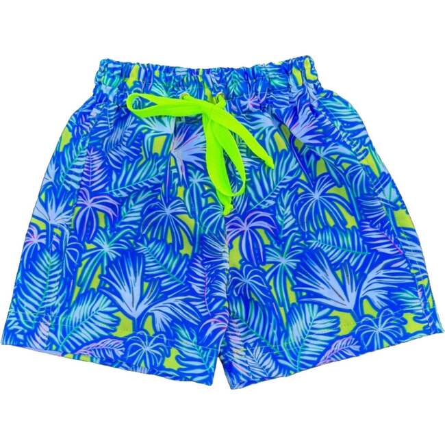 Gui Palm Neon Print Elastic Waist Drawstring Swim Trunks, Multicolors