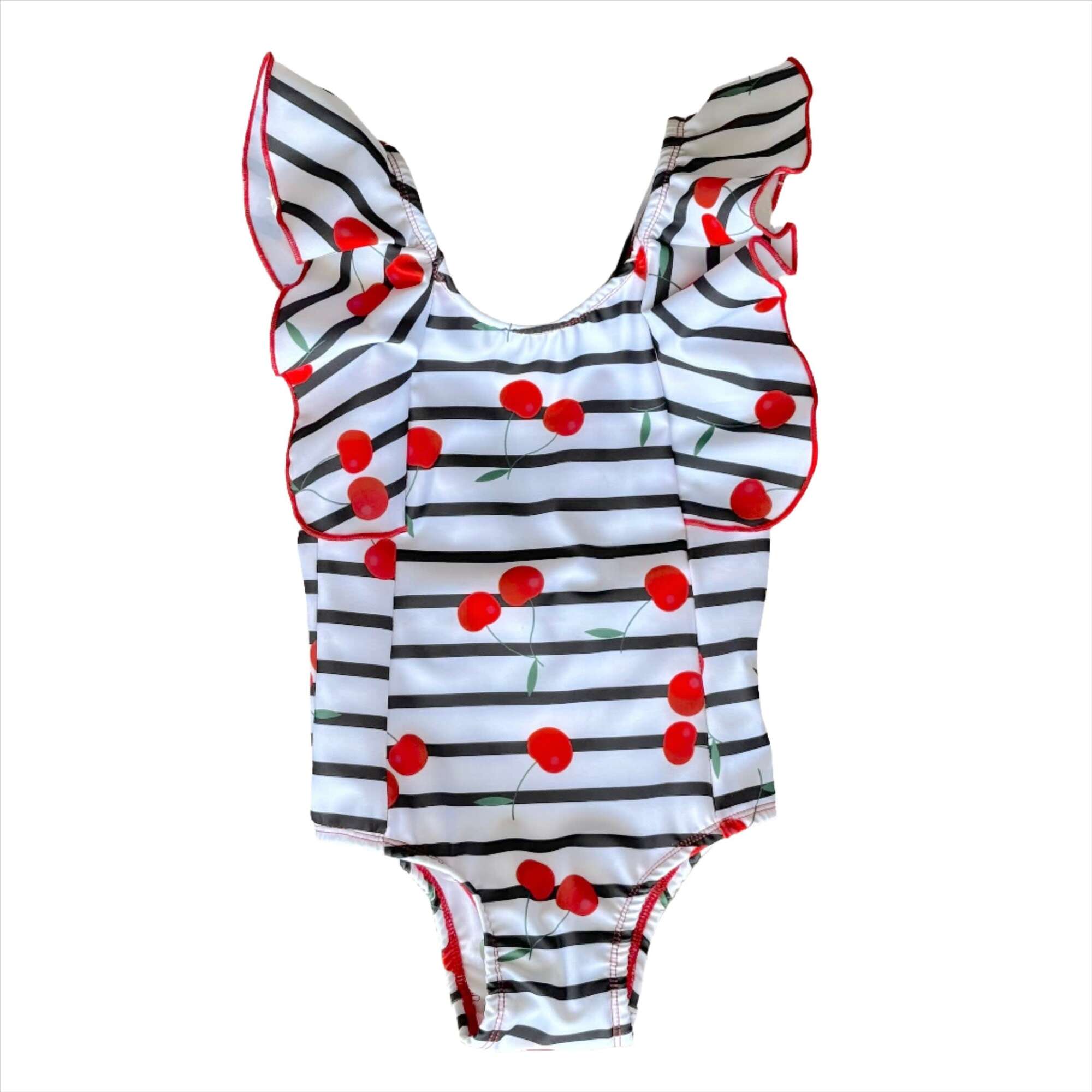 Juli Cherry Top Print Ruffle Shoulder V-Shaped Back One-Piece Swimsuit, Multicolors - One Pieces - 1