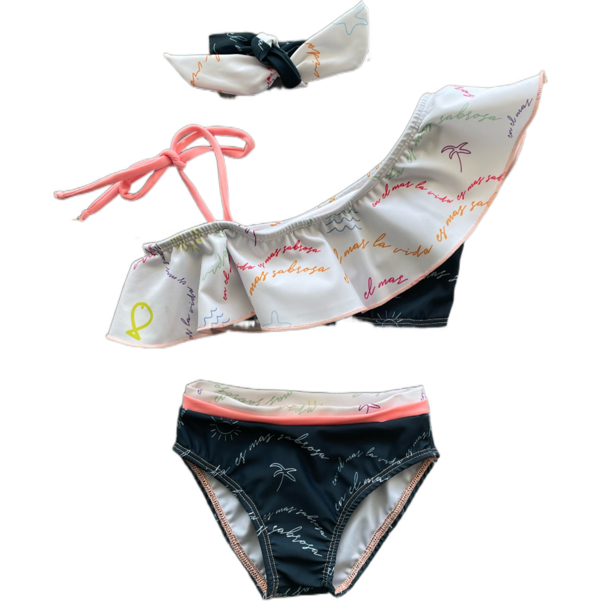 Lia En El Mar Print Ruffle One-Shoulder Tie 2-Piece Bikini, Multicolors - Two Pieces - 1