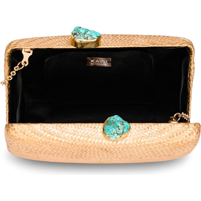 Women's Jen Straw Turquoise Stone Clutch Bag, Gold - Bags - 2