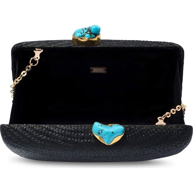 Women's Jen Straw Turquoise Stone Clutch Bag, Black - Bags - 2