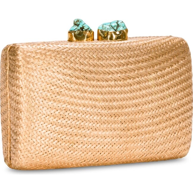 Women's Jen Straw Turquoise Stone Clutch Bag, Gold - Bags - 3