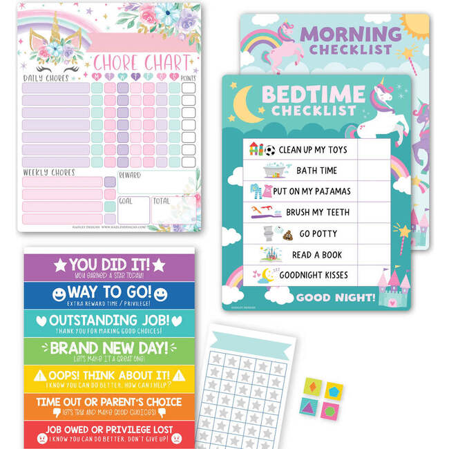 Unicorn Kids Chore Chart, Behavior Chart & Day-N-Night Routine Chart Bundle, Multicolors