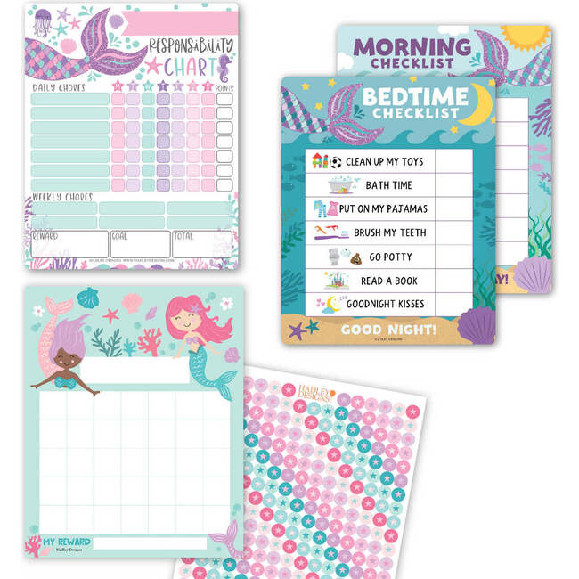 Mermaid Kids Chore Chart, Reward Sticker Charts & Day-N-Night Routine Chart Bundle, Multicolors