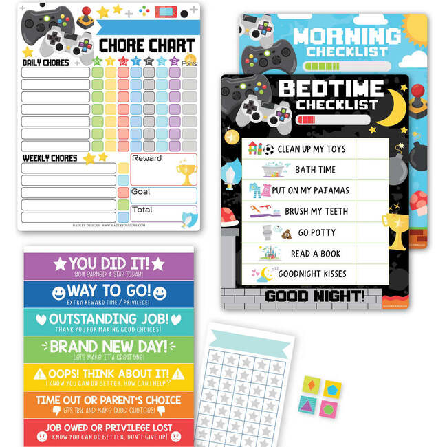 Video Game Kids Chore Chart, Behavior Chart & Day-N-Night Routine Chart Bundle, Multicolors