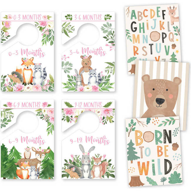 6-Piece Woodland Girl Baby Closet Dividers & 6-Piece Nursery Wall Art Prints Baby Shower Gift, Multicolors