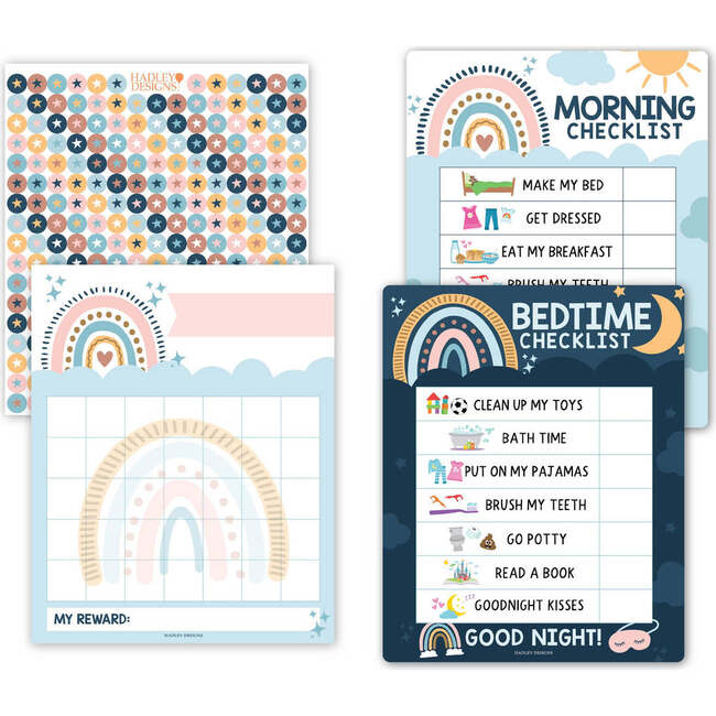 Boho Rainbow Kids Reward Sticker Charts & Day-N-Night Routine Charts Bundle, Multicolors