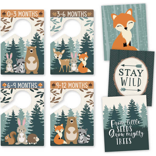 6-Piece Woodland Baby Closet Dividers & 6-Piece Nursery Wall Art Prints Baby Shower Gift, Multicolors